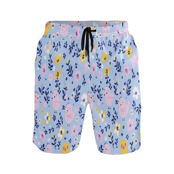 Playful Birds and Floral Large Size Men's Lightweight Beach Shorts with Mesh Lining, Quick Dry
