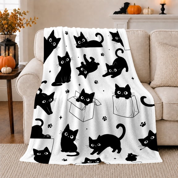Playful Black Cat Autumn Halloween, Playful Pet Portrait Pattern, Warm Flannel Blanket for Living Room and Reading Nook, Cat Lovers Halloween Gift, Pet Lover Home Decor