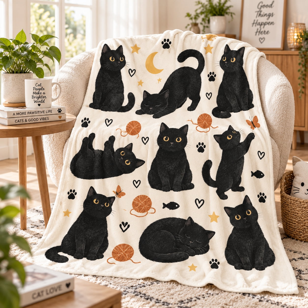 Playful Black Cat Flannel Blanket, Yarn Ball Paw Print Fish Butterfly ...