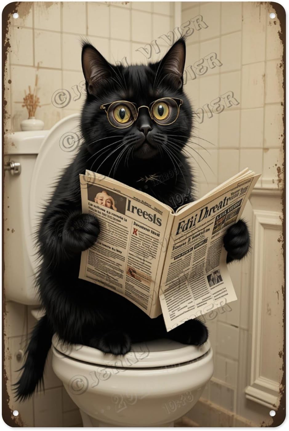 Playful Black Cat Reading Newspaper on the Toilet Aluminum Sign 12 x 16 ...