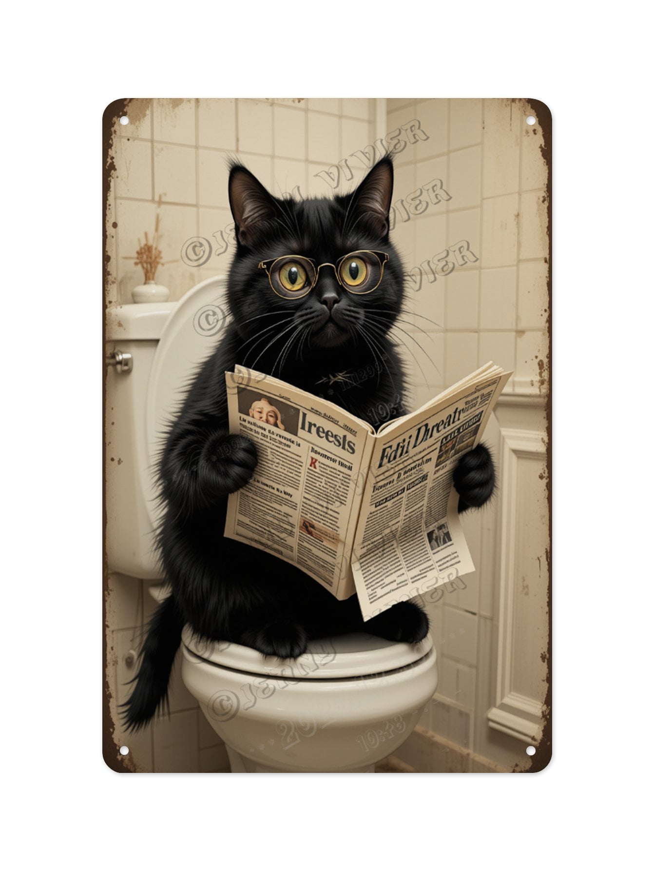 Playful Black Cat Reading Newspaper on the Toilet Aluminum Sign 12 x 16 ...