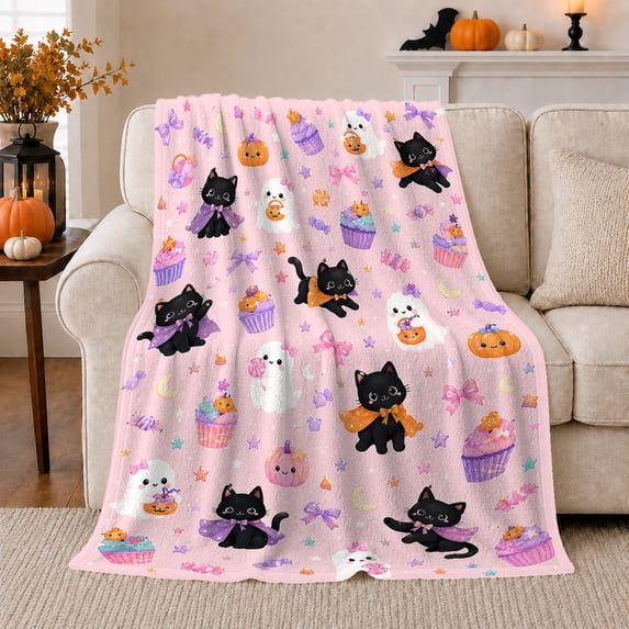 Playful Black Cats Friendly Ghosts Halloween, Playful Pet Portrait Pattern, Warm Flannel Blanket for Kitchen and Dining Room, Cat Lovers Halloween Gift, Pet Lover Home Decor