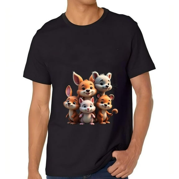 Playful Black Cotton Short Sleeve T-Shirt for Men Featuring Smiling Animated Animals - Fox & Design