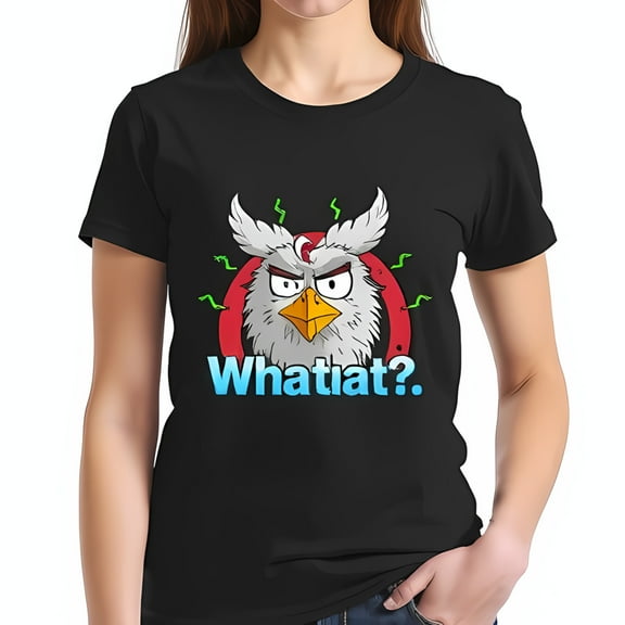 Playful Black Cotton Short Sleeve T-Shirt with Cartoon Graphic & Whimsical 'Whatiat?' Text