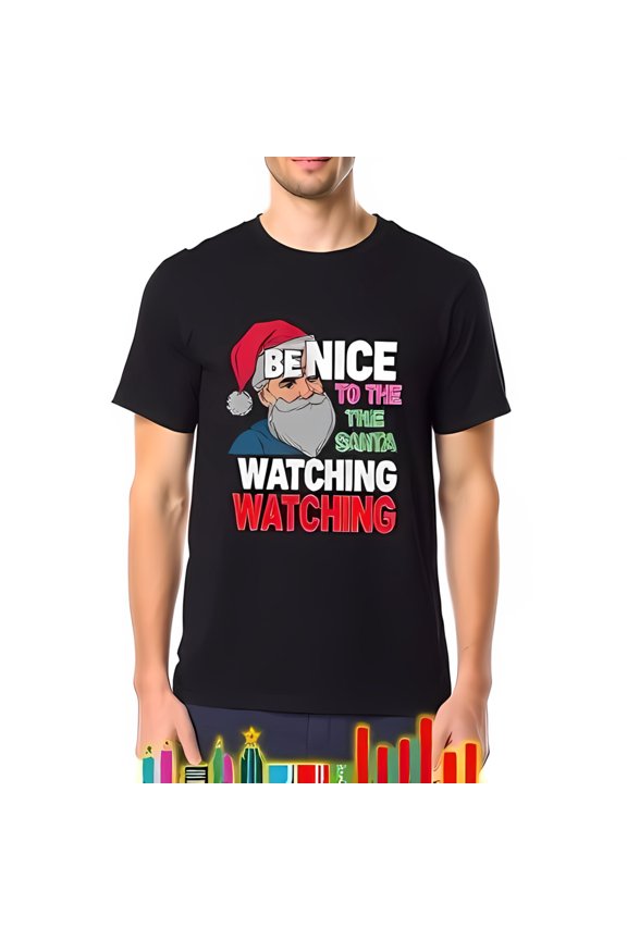 Playful Black Cotton Short Sleeve T-Shirt with Colorful Santa Claus Graphic & Whimsical Message - Perfect for Holiday Fun