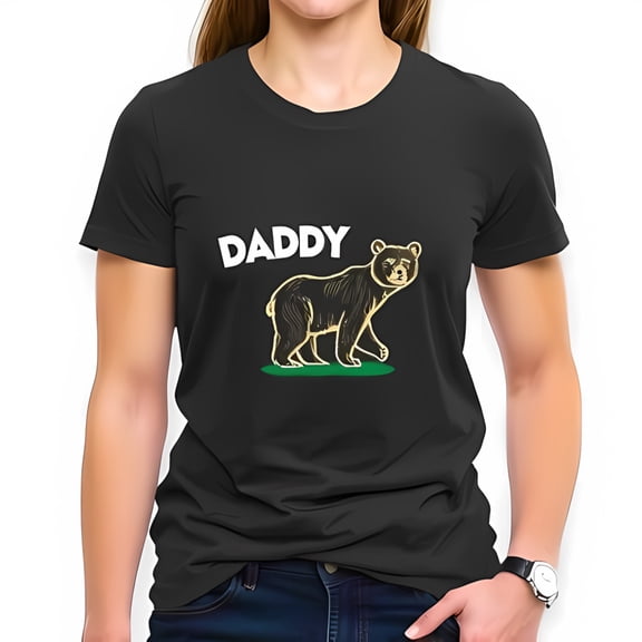 Playful Black Cotton Short Sleeve T-Shirt with 'Daddy' Text and Cartoon Black Bear Design