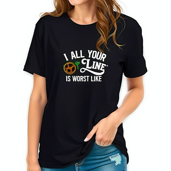 Playful Black Cotton Short Sleeve T-Shirt with Text " I ALL YOUR CLINE IS WORST LIKE " and Fishing Graphic