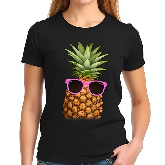 Playful Black Cotton Short Sleeve T-Shirt with Vibrant Pineapple Graphic in Pink Sunglasses - Fun Tropical Design for Casual Outings