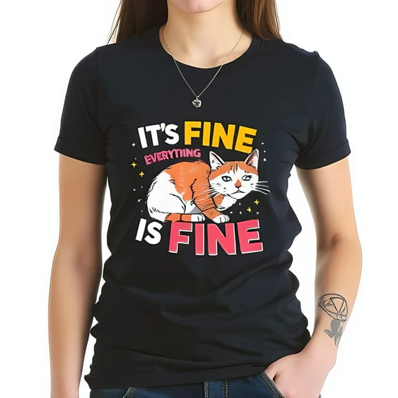 Playful Black Cotton Short Sleeve T-Shirt with Whimsical Cat Illustration & " It's Fine Everything is Fine " Text Design