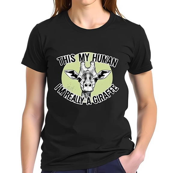 Playful Black Cotton Short Sleeve T-Shirt with Whimsical Giraffe Face and Funny Message " THIS MY HUMAN I’M REALLY A GIRAFFE "