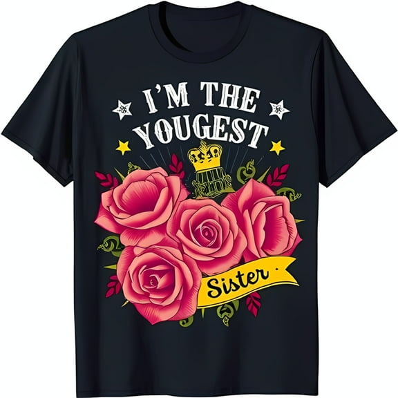 Playful Black T-Shirt for Youngest Sisters Bold Graphic Roses & Crown Design