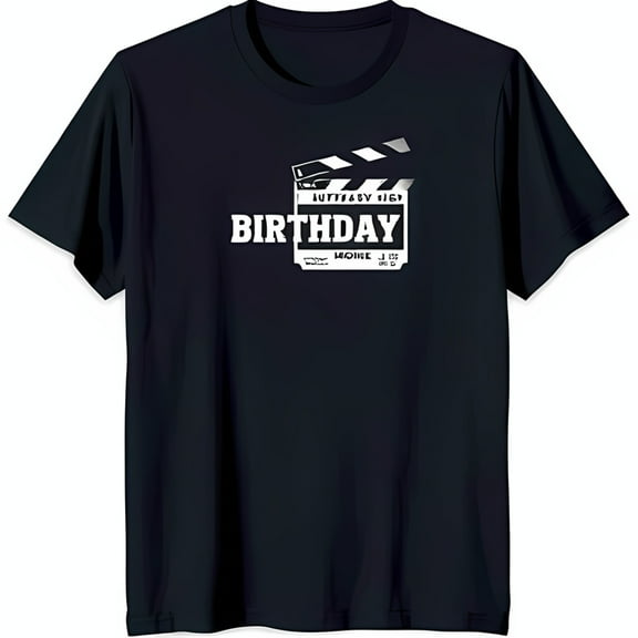 Playful Black T-Shirt with Bold White Clapperboard Graphic 'Birthday' Design