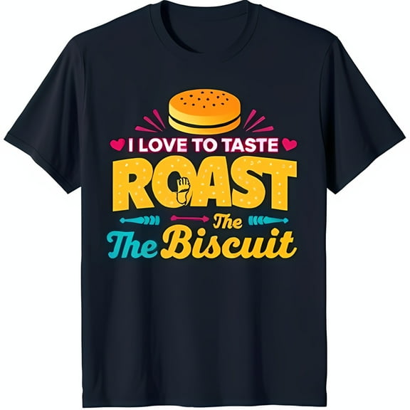 Playful Black T-Shirt with Cartoon Biscuit & Bold 'ROAST' Graphic Design