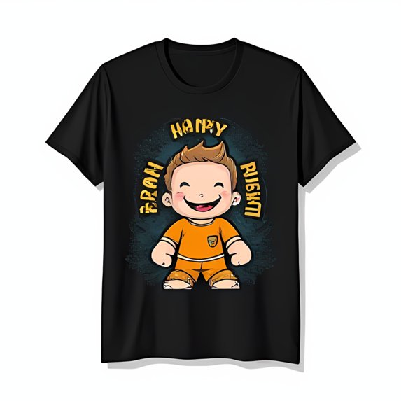 Playful Black T-Shirt with Cartoon Boy Graphic & HAPPY FROM RUSIA Design