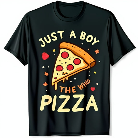 Playful Black T-Shirt with Cartoon Pizza Graphic & Fun Text