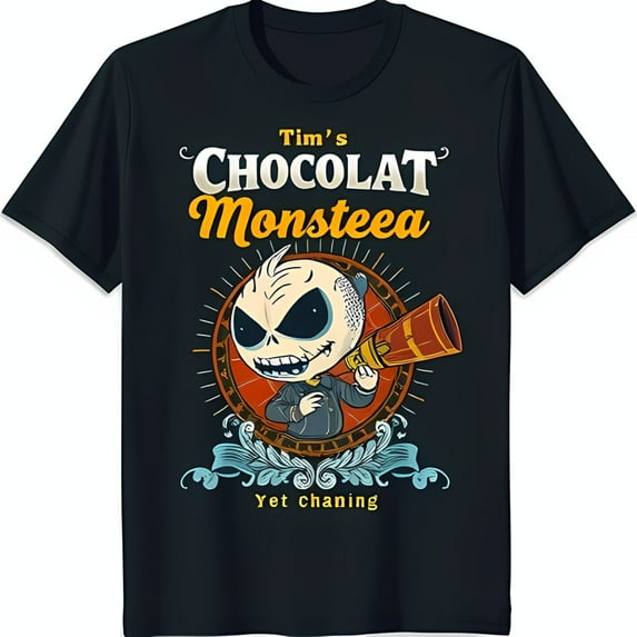 Playful Black T-Shirt with Cartoon Skeleton Peering Through Telescope 'Tim's Chocolat Monstee'