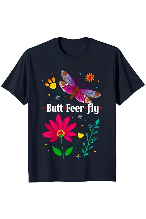 Playful Black T-Shirt with Colorful Butterfly & Flower Graphic ' Feer fly' Design