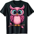 thumbnail image 1 of Playful Black T-Shirt with Colorful Pink Owl Graphic and Bright Blue Eyes, 1 of 5