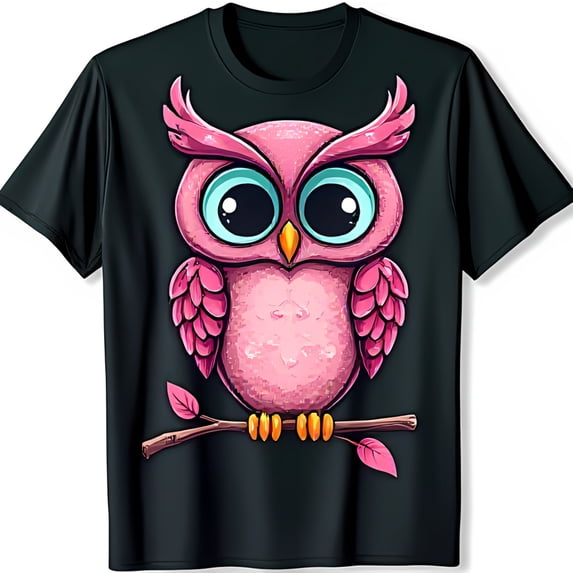 Playful Black T-Shirt with Colorful Pink Owl Graphic and Bright Blue Eyes