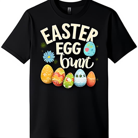 Playful Black T-Shirt with 'Easter Egg Hunt' Graphic & Colorful Eggs