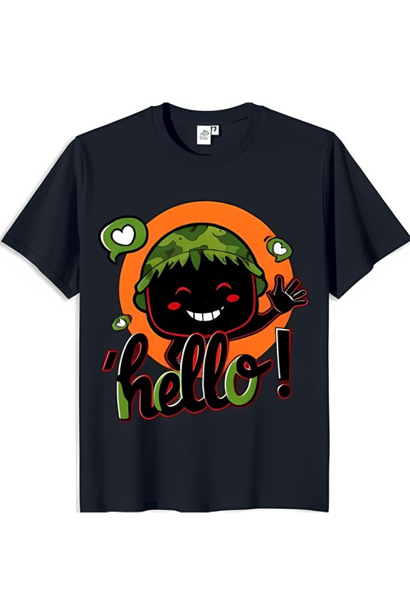 Playful Black T-Shirt with Friendly Cartoon Character & Colorful 'Hello' Graphic