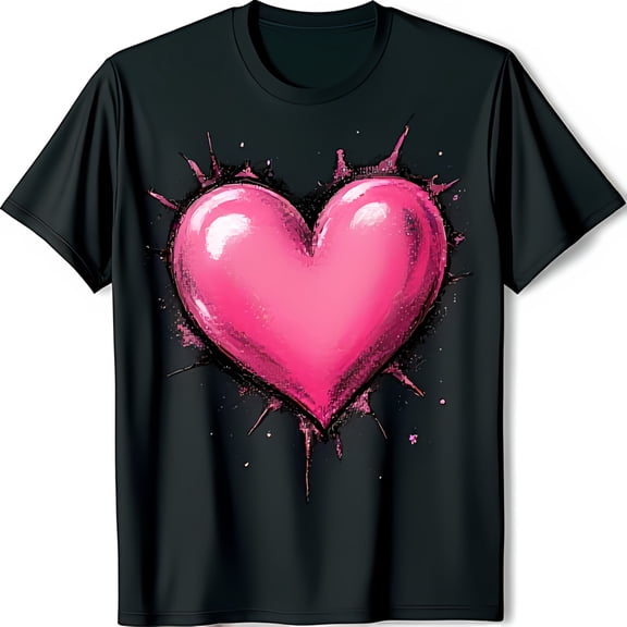 Playful Black T-Shirt with Glossy Pink Heart Graphic & Splatter Design