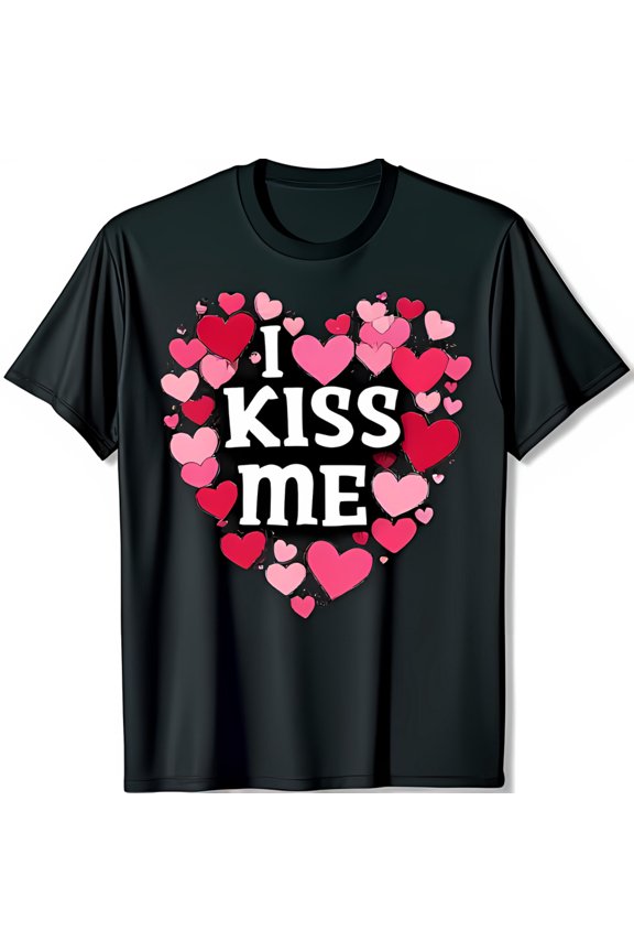 Playful Black T-Shirt with Heart Graphic & I Kiss Me Text Fun Casual Wear