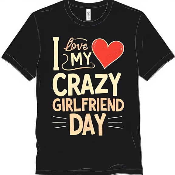 Playful Black T-Shirt with I Love My Girlfriend Day Graphic & Heart