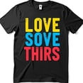 thumbnail image 1 of Playful Black T-Shirt with 'LOVE SOVE THIRS' Design in Bold Colors, 1 of 5