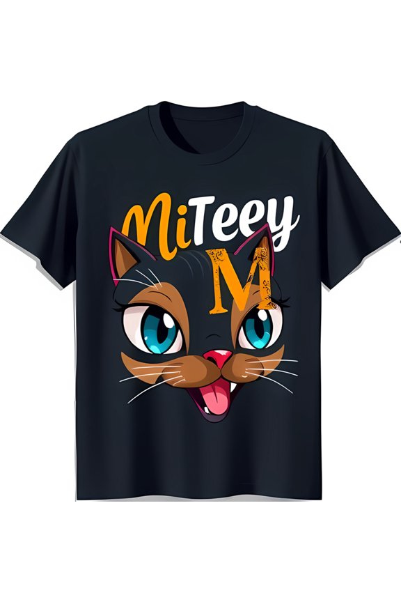 Playful Black T-Shirt with 'MiTeey' Graphic and Smiling Cartoon Cat Design