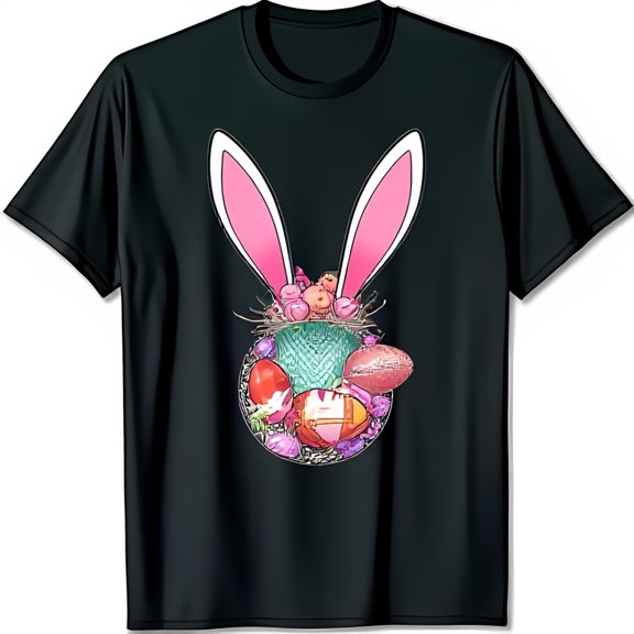 Playful Black T-Shirt with Pink Ears Easter Eggs Flowers & Design