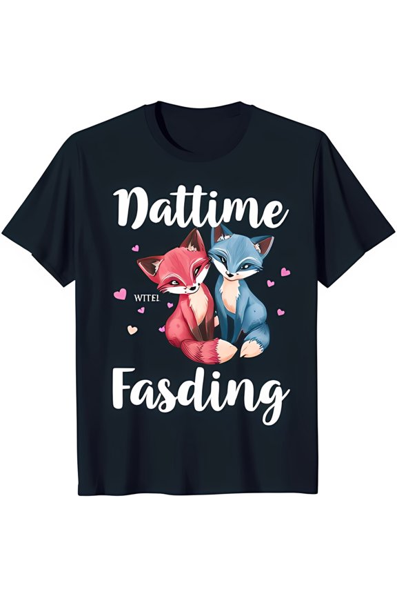 Playful Black T-Shirt with Red and Blue Foxes Cuddling & Hearts 'Dattime Fasting'
