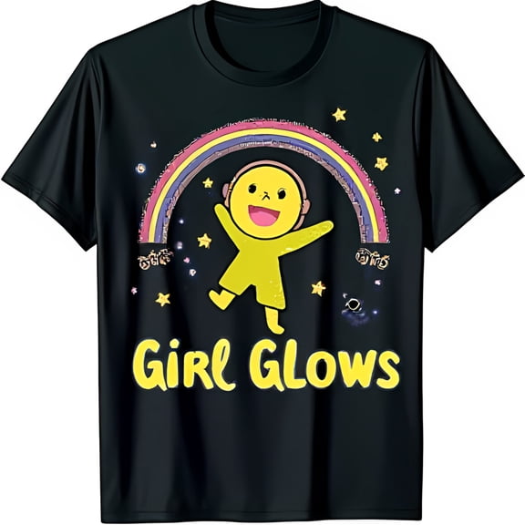 Playful Black T-Shirt with Smiling Cartoon Character Headphones Graphic Girl Glows