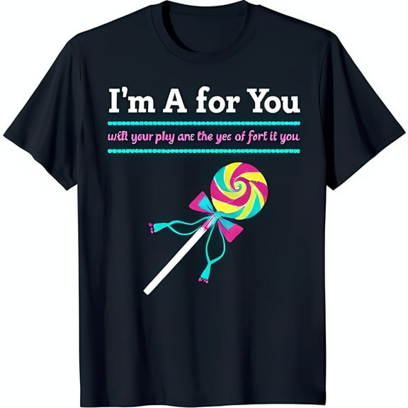 Playful Black T-Shirt with Whimsical 'I'm A for You' Graphic & Colorful Lollipop Design