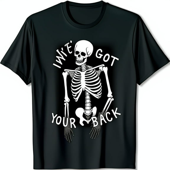 Playful Black T-Shirt with White Skeleton Graphic & I ve Got Your Back Design