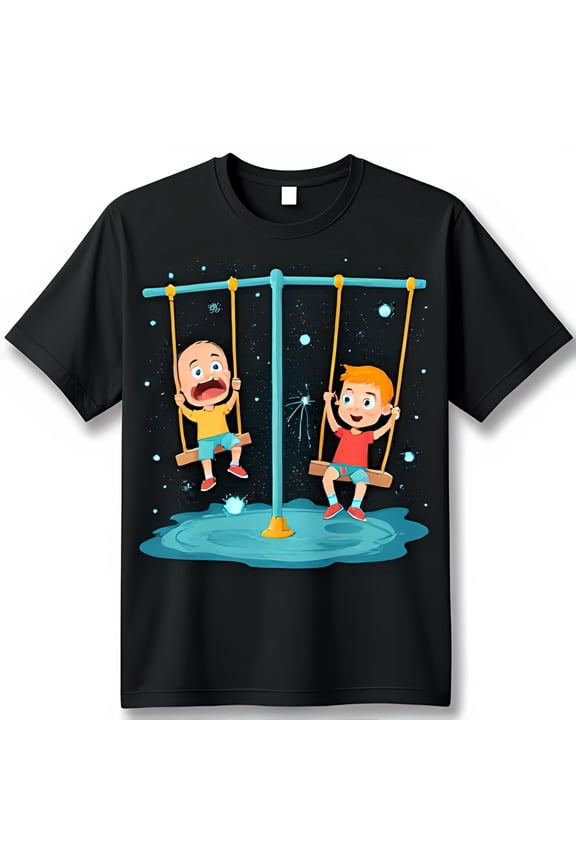 Playful Black T-Shirt with on Swing Set Graphic Joyful Starry Night Design
