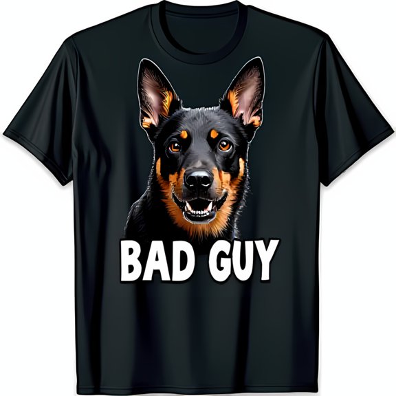Playful Black and Tan Dog Face T-Shirt with 'Bad Guy' Graphic Fun Casual Tee for Dog Lovers