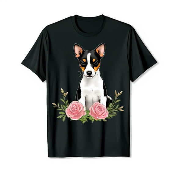 Playful Black and White Dog Among Pink Roses Cute Graphic Black T-Shirt for Dog Lovers