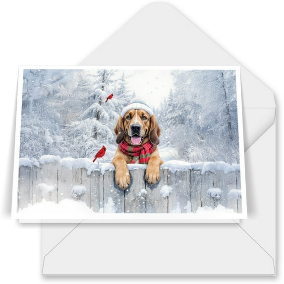 Playful Bloodhound Welcomes Winter Snowy Day with Cardinal Bird 7x5in Folded Greeting Card Dog Lover Single Note Card with Envelope - 2017