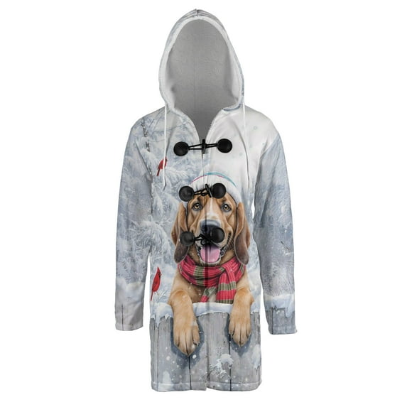 Playful Bloodhound Welcomes Winter Snowy Day with Cardinal Bird All Over Print 3D Hooded Duffle Toggle Coat Dog Lover - 2017