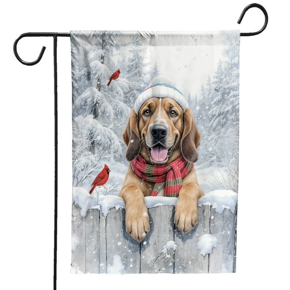 Playful Bloodhound Welcomes Winter Snowy Day with Cardinal Bird Garden Flag 12x18in Double Sided Dog Lover Outdoor Decor - 2017