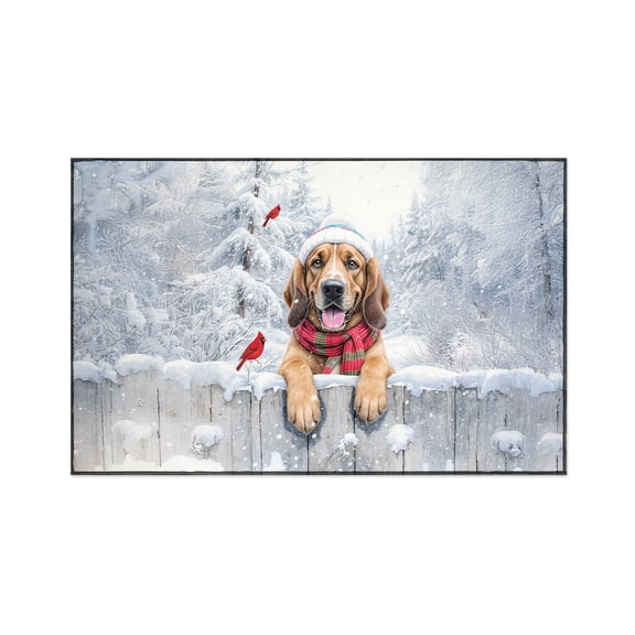Playful Bloodhound Welcomes Winter Snowy Day with Cardinal Bird Indoor Rug Dog Lover Carpet Living Bed Room Sofa Home Decor - 2017