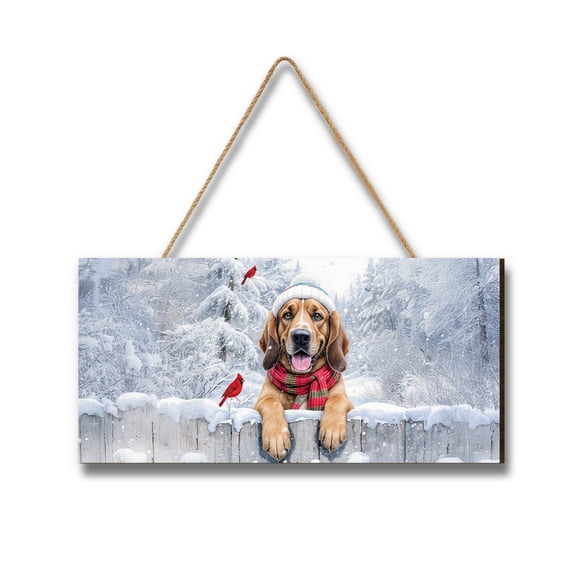 Playful Bloodhound Welcomes Winter Snowy Day with Cardinal Bird Landscape Wood Sign Dog Lover Hanging Wall Home Decor - 2017