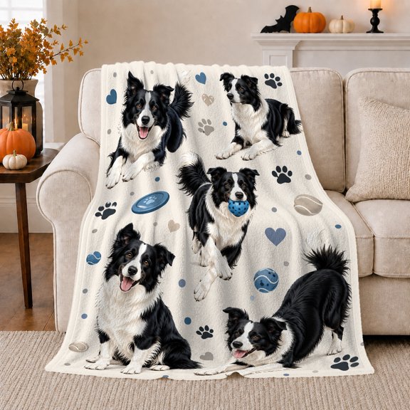 Playful Border Collie Dogs Cream Damask, Playful Pet Portrait Pattern, Warm Flannel Blanket for Living Room and Reading Nook, Dog Lovers Friendship Gift, Pet Lover Home Decor