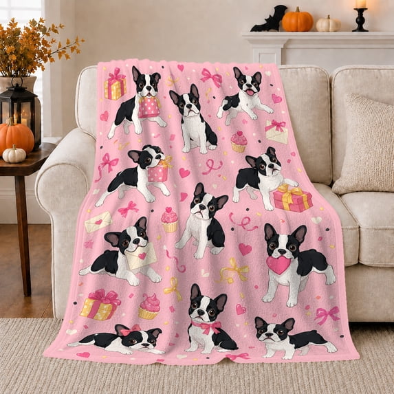 Playful Boston Terrier Pattern Hearts Boxes Cheerful Dog, Playful Food Art Scene, Warm Flannel Blanket for Living Room and Reading Nook, Dog Lovers Friendship Gift, Pet Lover Home Decor