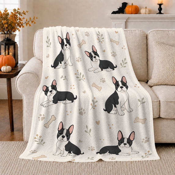 Playful Boston Terrier Puppies Cartoon Illustration Dog Lover, Playful Pet Portrait Pattern, Warm Flannel Blanket for Living Room and Bedroom, Dog Lovers Just Because Gift, Pet Lover Home Decor