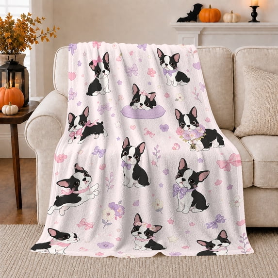 Playful Boston Terrier Puppy Pattern Pastel Flowers Bows, Playful Pet Portrait Pattern, Warm Flannel Blanket for Living Room and Bedroom, Dog Lovers Just Because Gift, Pet Lover Home Decor