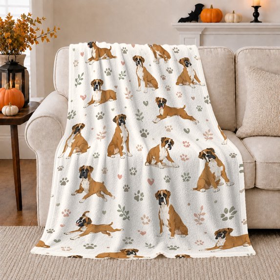 Playful Boxer Dogs Pumpkins, Playful Pet Portrait Pattern, Warm Flannel Blanket for Living Room and Bedroom with Detailed Artwork, Dog Lovers Just Because Gift, Pet Lover Home Decor