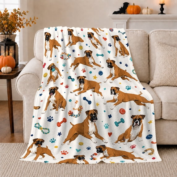 Playful Boxer Dogs With Toys And Pawprints, Cozy Flannel Blanket with Playful Pet Illustration Print, Housewarming Gift for Boxer Dog Play Enthusiasts, Home Decor for Bedroom and Living Room