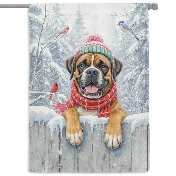 Playful Boxer Welcomes Winter Snowy Day with Cardinal Bird House Flag 28x40in Double Sided Boxers Dog Lover Gifts Idea Outdoor Decor - 2017